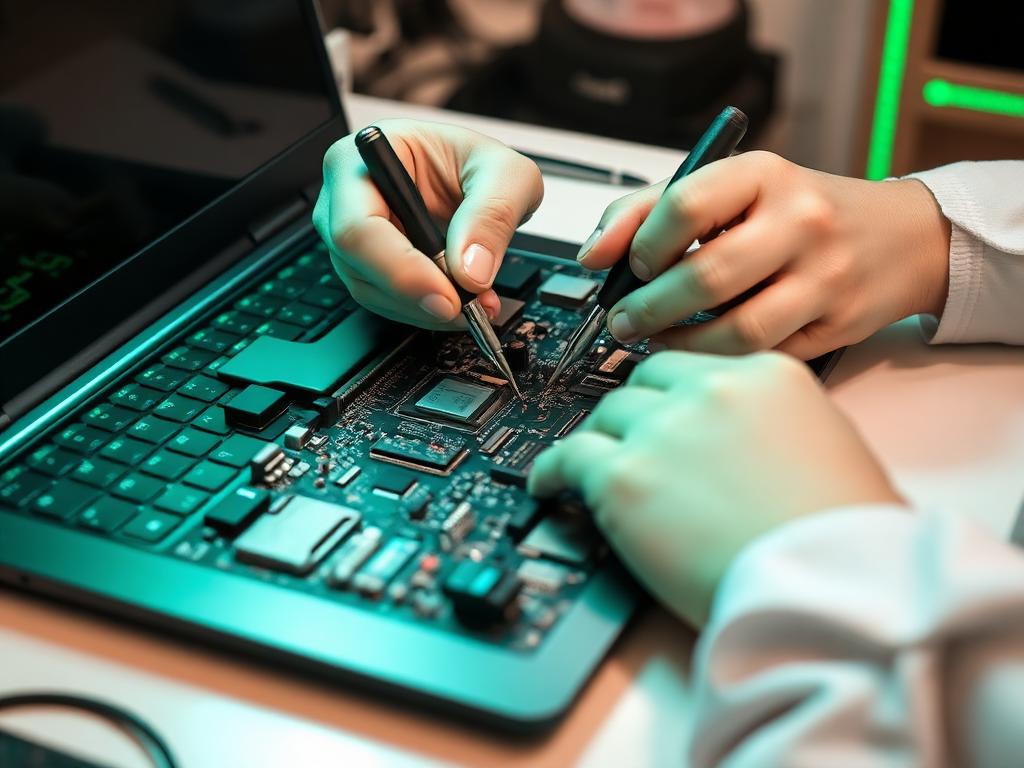 Technician repairing a laptop motherboard
